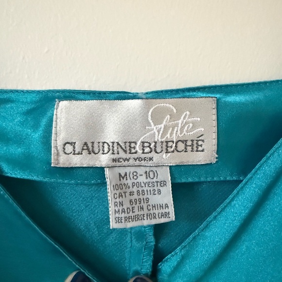 Vintage Claudine Bueché teal satin dress size medium 8 10 - Picture 4 of 6